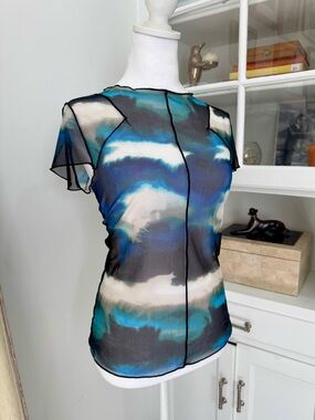 DKNY Sheer Mesh Abstract Print Top XS Y2K